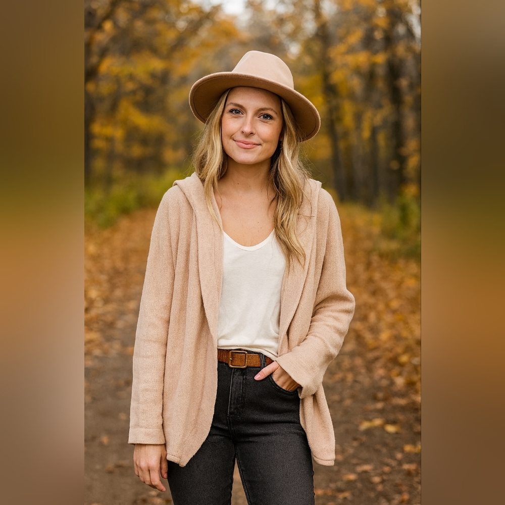 Morkna Tan Hooded Cardigan Sweater Cozy Neutral Beige Open Front Knit Hooded